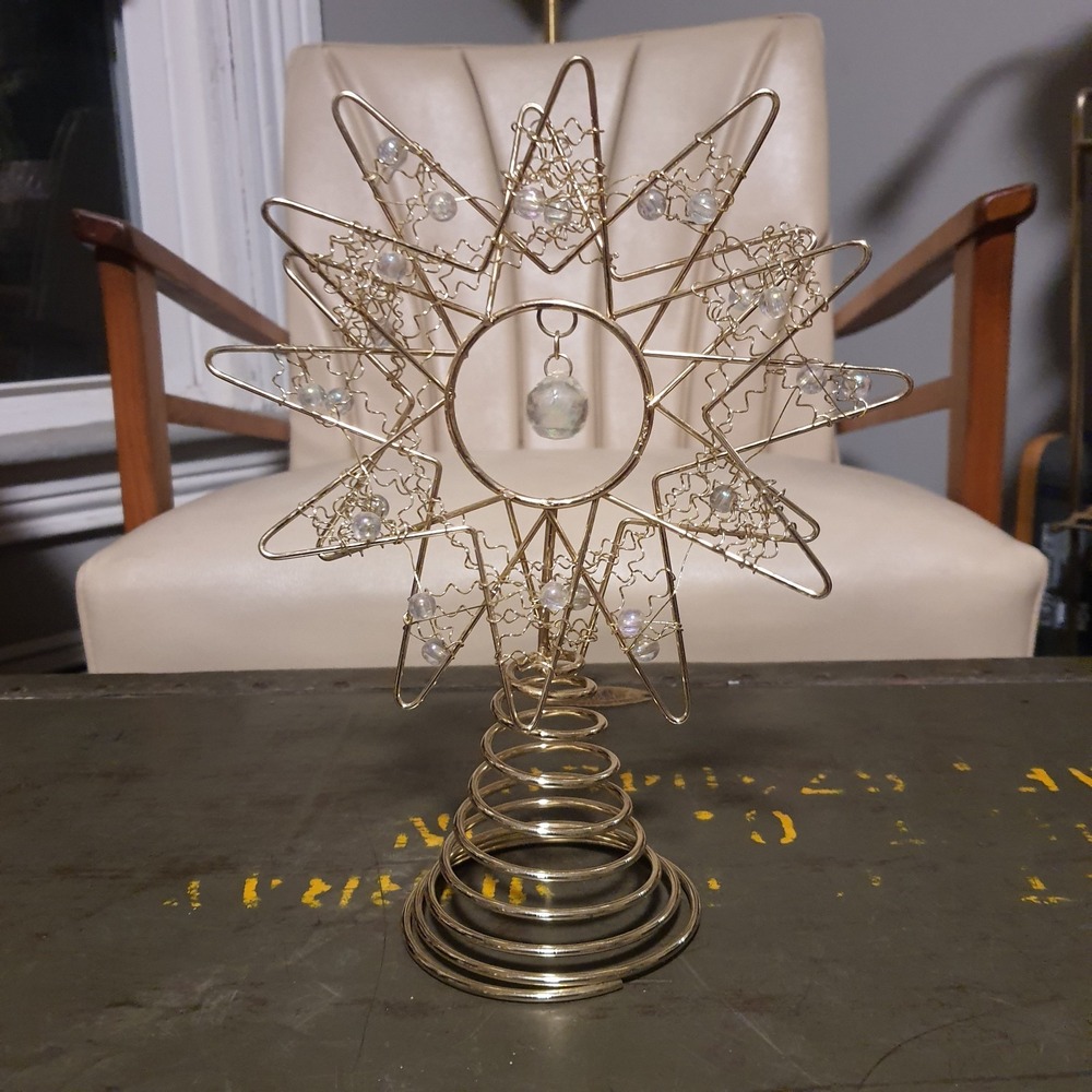 Vintage Gold Twist Wire & Faux Crystal Pearls Christmas Star Tree Topper Holiday